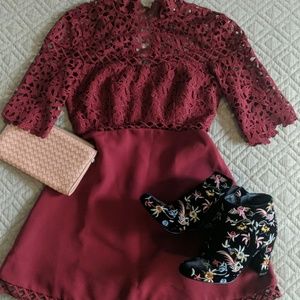 uplifted wine red lace mini dress